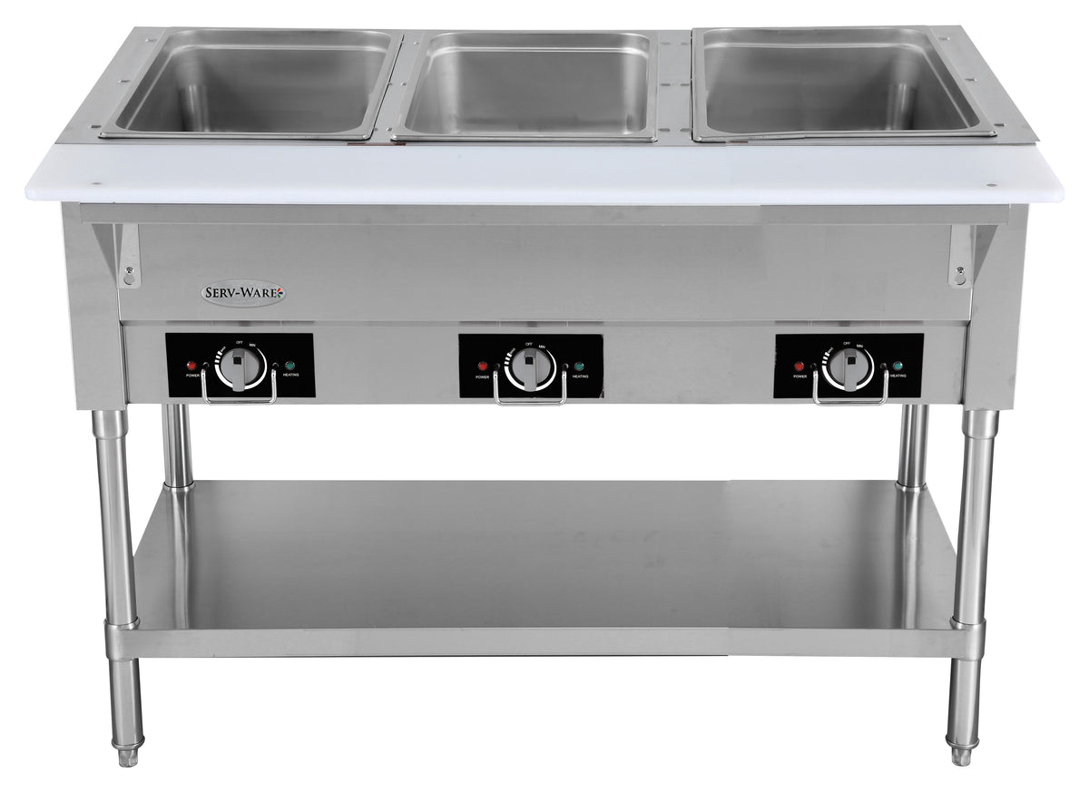 Serv-Ware EST3-1 3-well electric hot food table with cutting board, front view, shown with pans (pans not included)