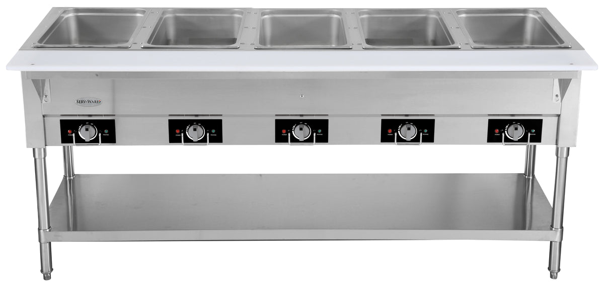 Serv-Ware EST5-2 5-well electric hot food table with cutting board and undershelf, front view, shown with pans (pans not included)