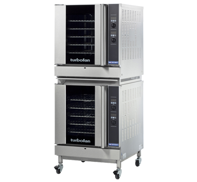 Two Turbofan G32D5 gas convection ovens stacked on the Moffat DSKG32C caster stacking kit (ovens not included)