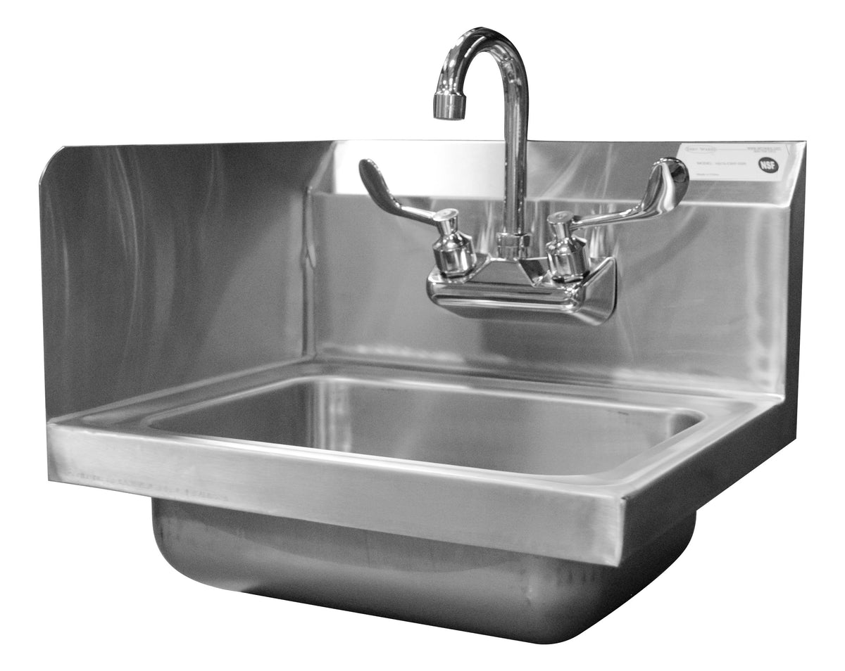 Serv-Ware 17 inch wall-mount stainless steel hand sink with gooseneck faucet, shown with a left side splash (the HS15-CWP itself has no side splash)
