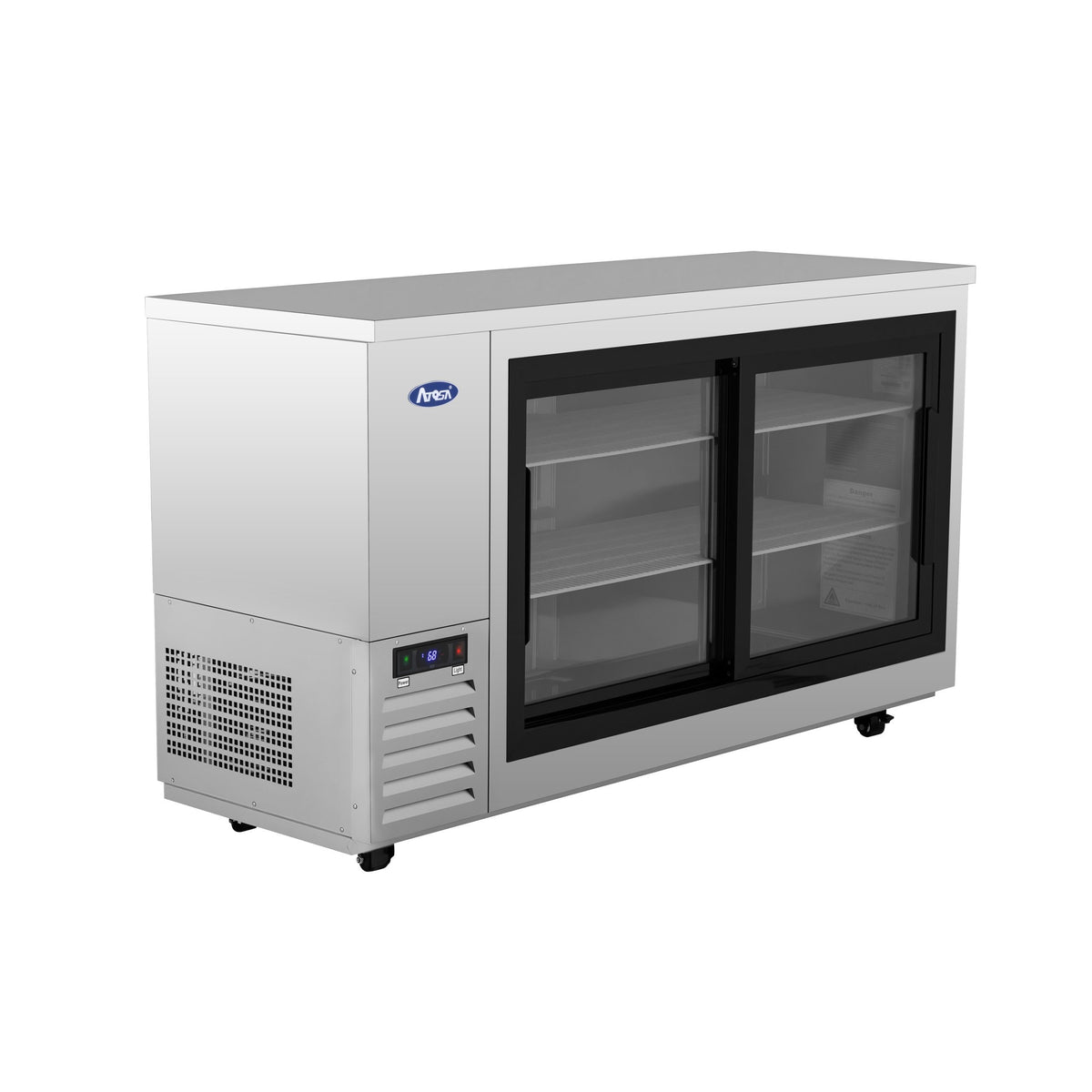 Atosa SBB69SGGRAUS1 69" stainless steel shallow back bar cooler with sliding glass doors, angled left view showing control panel