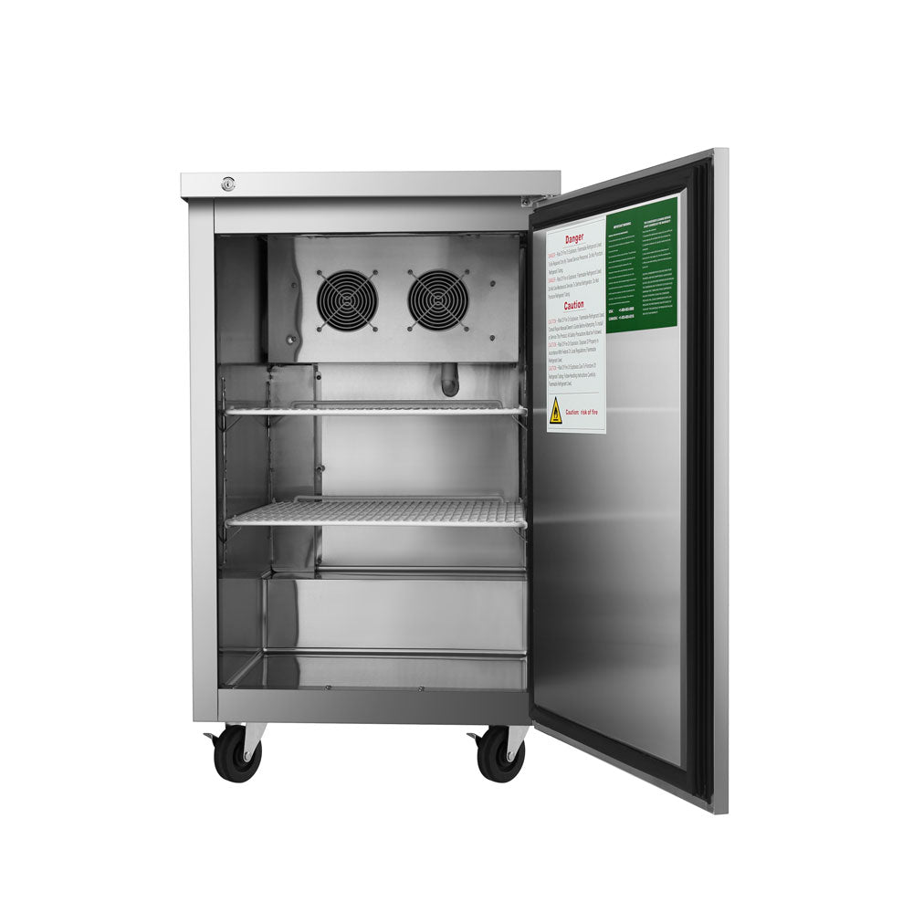 Atosa MBB23GR back bar cooler, front view with door open showing 2 shelves and evaporator fans
