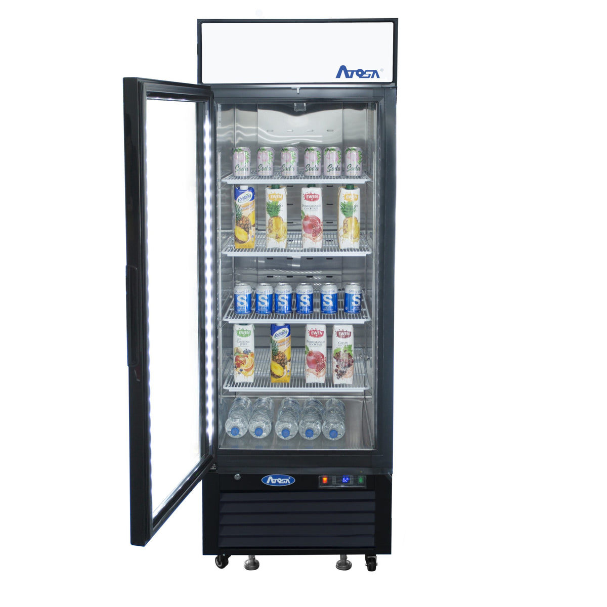 Atosa MCF8722GRL merchandiser refrigerator with the left-hinged door open, stocked with drinks