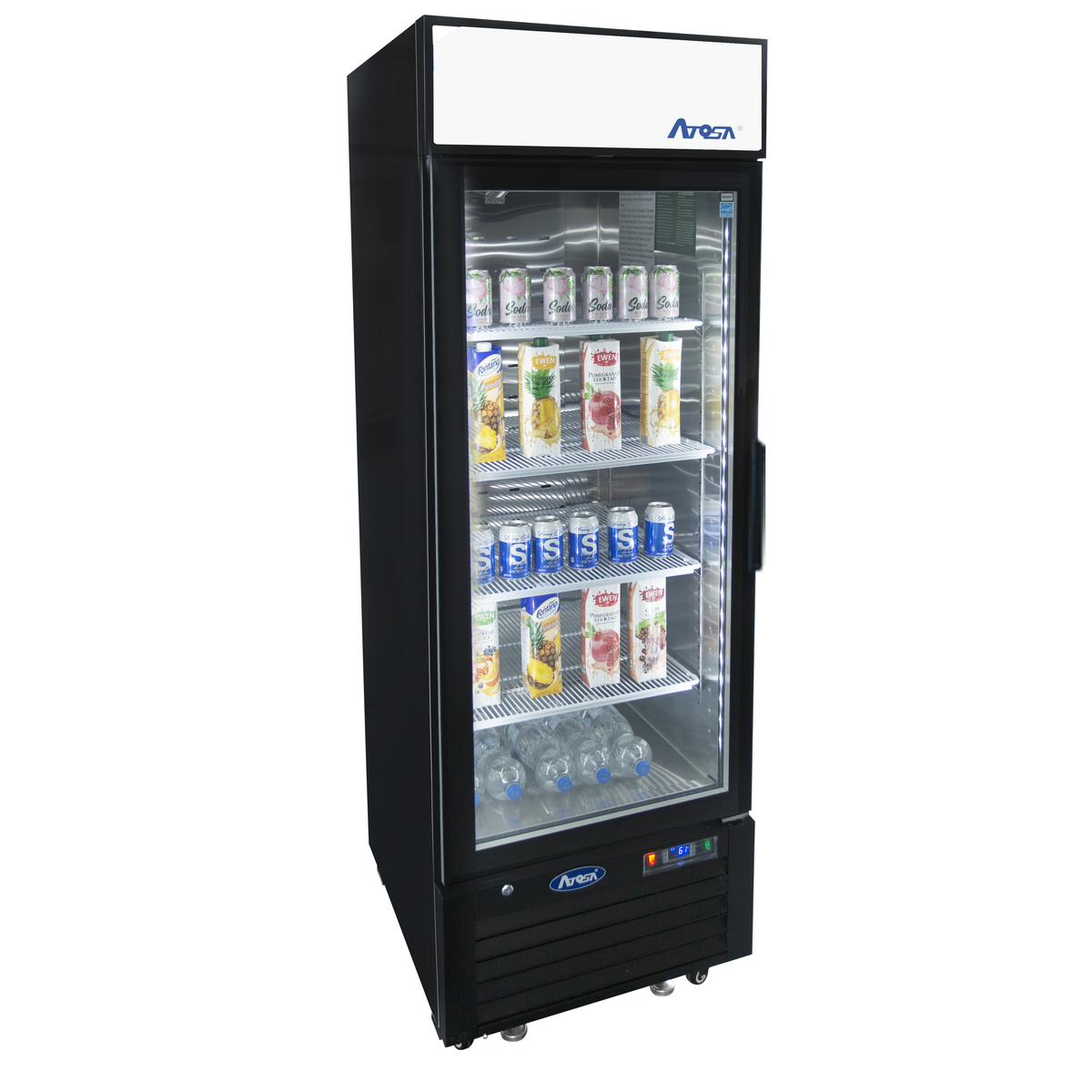 Atosa MCF8722GRL black glass door merchandiser, angled view stocked with drinks and dairy