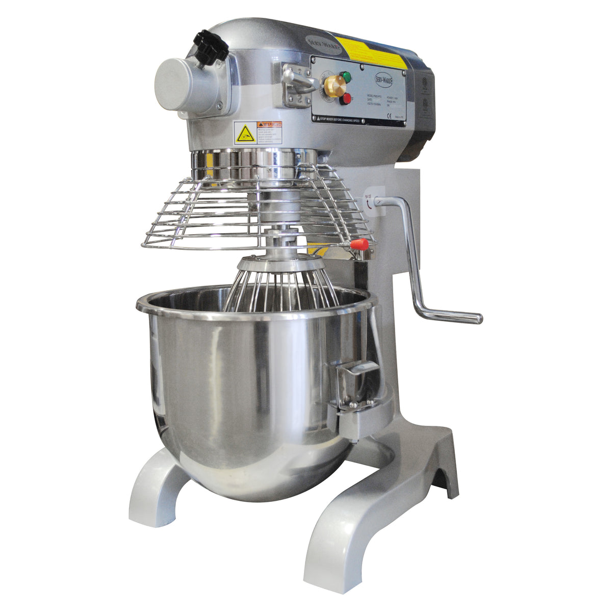 Serv-Ware PM20-PTO 20 quart planetary mixer with stainless bowl guard and bowl, front angle view