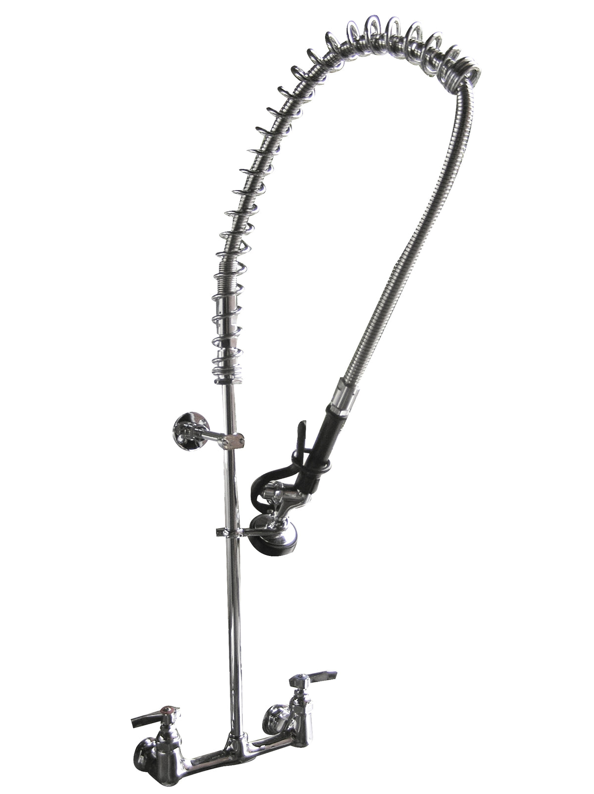 Serv-Ware PRW8-CWP wall mount pre-rinse faucet assembly with spring hose and spray valve, front view