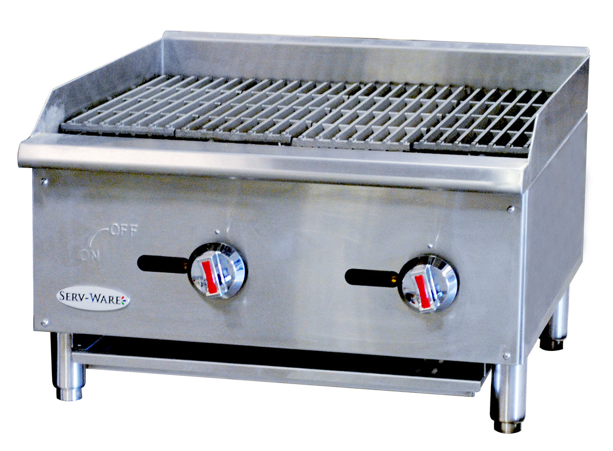Serv-Ware SCBS-24-LP 24 inch 2-burner countertop gas radiant charbroiler with cast iron grates, front angle view
