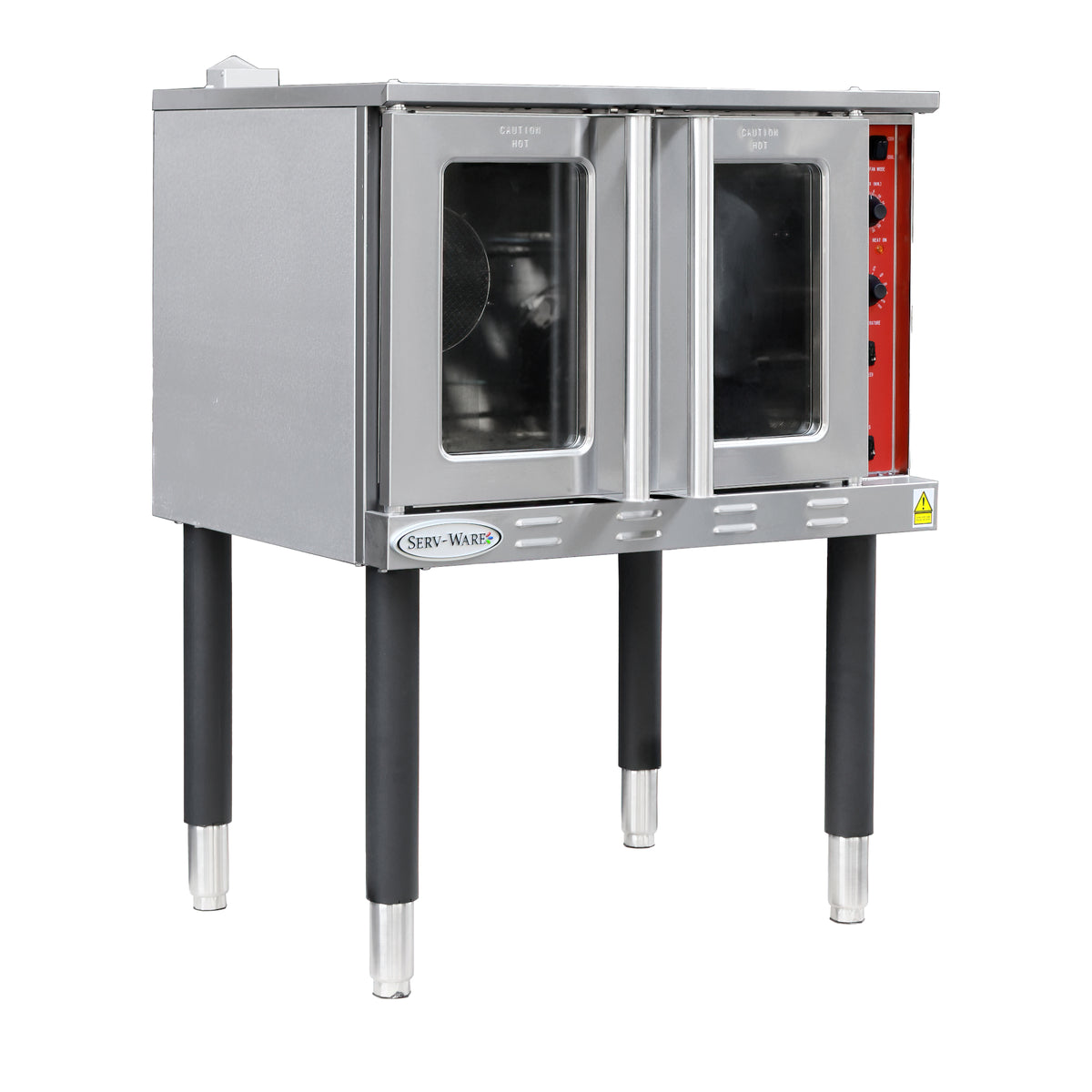 Serv-Ware SECO-2201 full-size electric convection oven with two glass doors on legs, front angle view