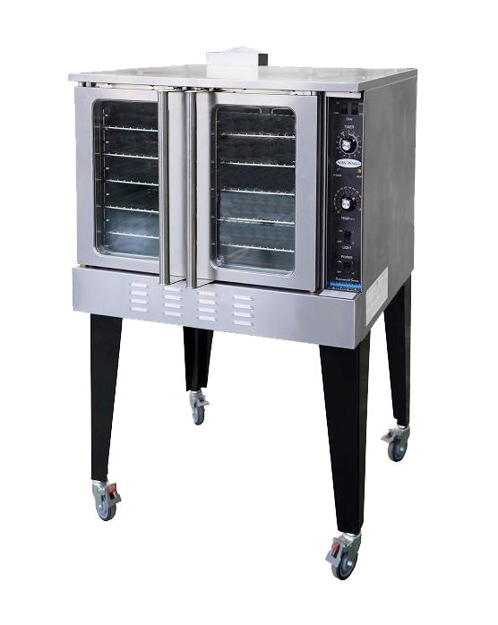 Serv-Ware SGCO-1-LP single-deck gas convection oven with glass doors on legs, front angle view