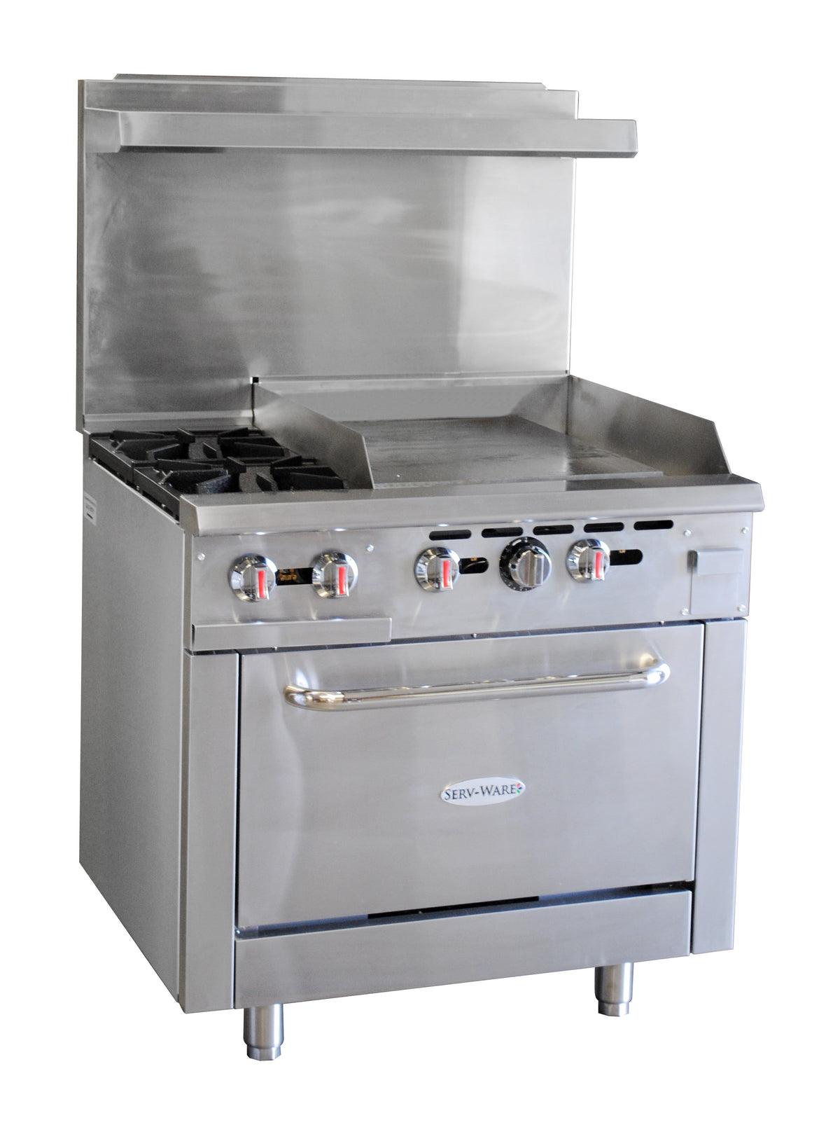Serv-Ware SGR-2B-24G 36 inch gas range with 2 burners, 24" griddle and 1 oven, front angle view