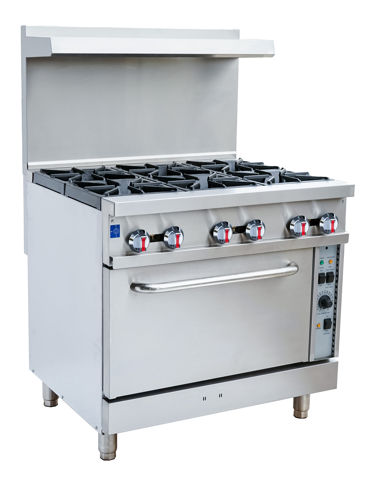 Serv-Ware SGR-6B-C 36 inch 6-burner gas range with convection oven and high shelf, front angle view