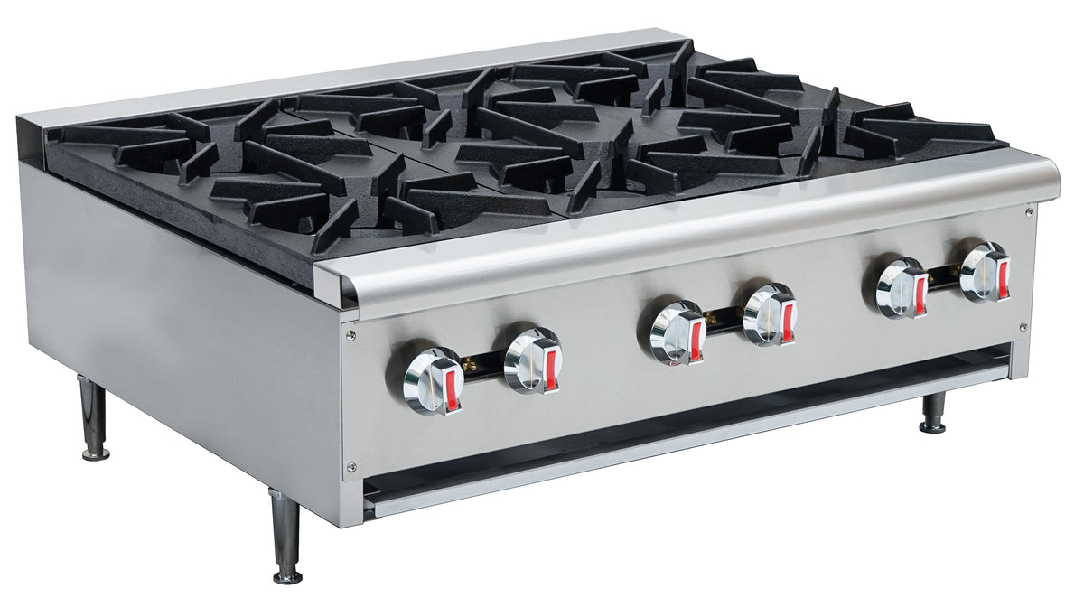 Serv-Ware SHPS-36 36 inch 6-burner countertop gas hot plate with cast iron grates, front angle view
