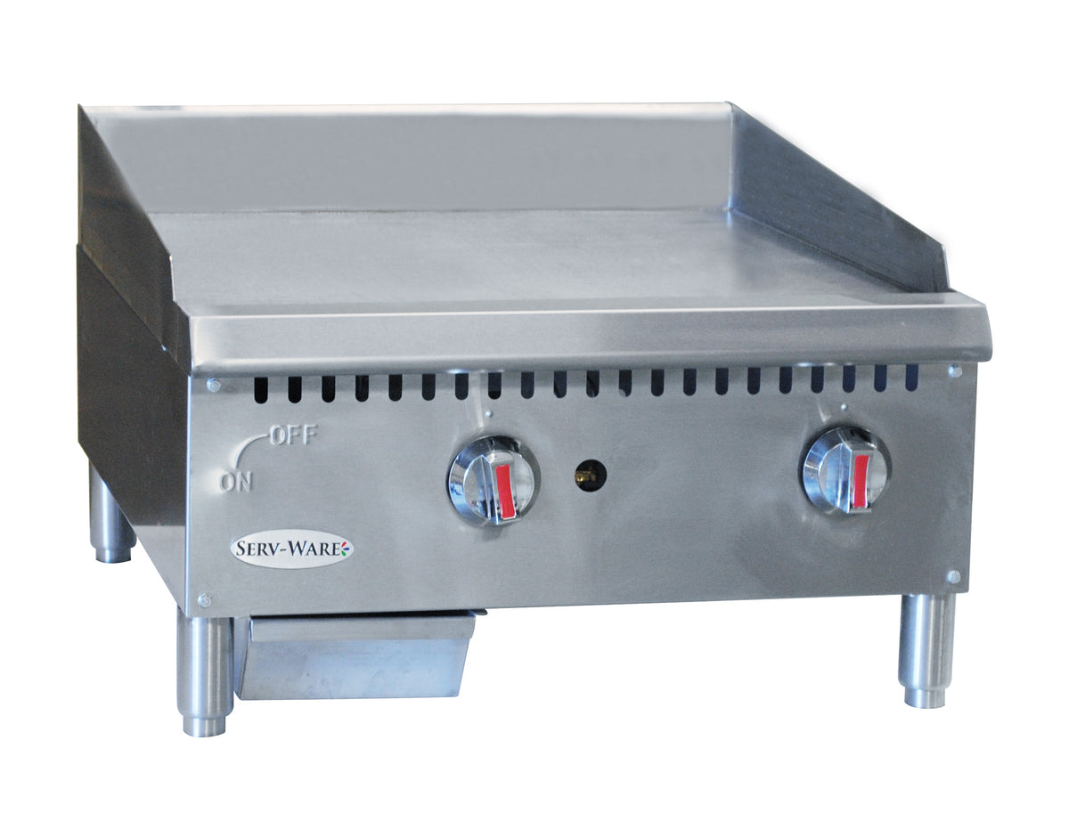 Serv-Ware SMGS-24 24 inch manual gas griddle, front angle view