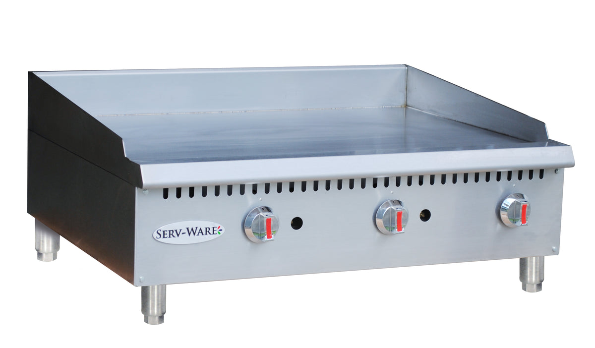 Serv-Ware SMGS-36 36 inch manual gas griddle, front angle view