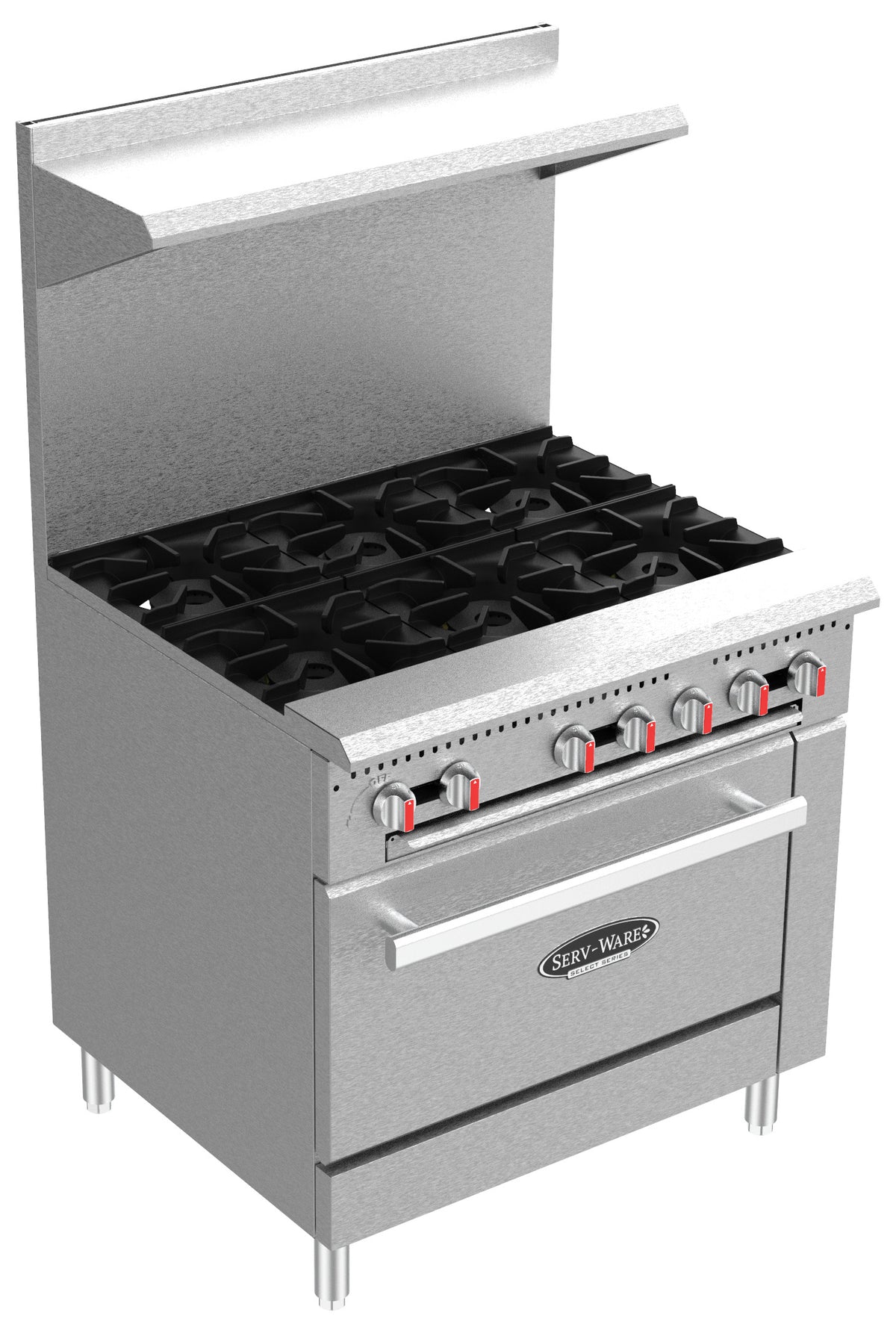 Serv-Ware 36 inch 6-burner gas range with oven and high shelf (Select Series photo), front angle view