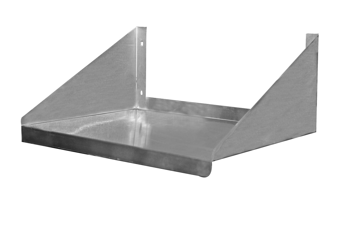 Serv-Ware SSMS2424-CWP stainless steel microwave shelf with side braces, angled view