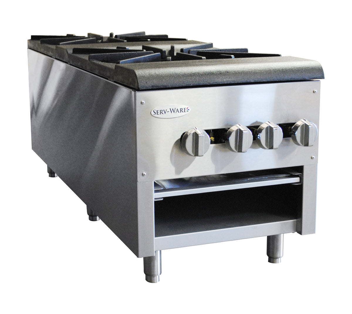 Serv-Ware SSSP-2 double gas stock pot stove with cast iron grates, front angle view