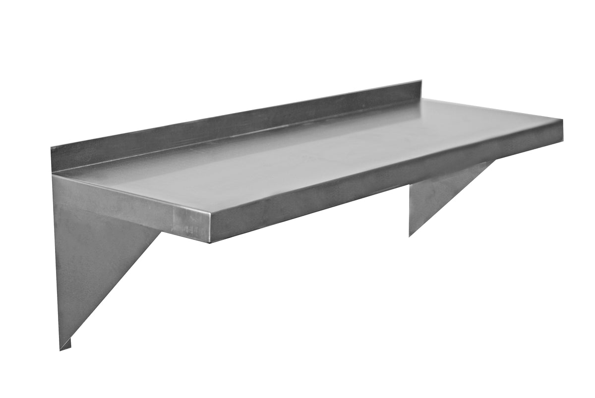 Serv-Ware stainless steel wall shelf with brackets, angled view (representative photo; SSWS1484-CWP-V is 84 x 14 inches)