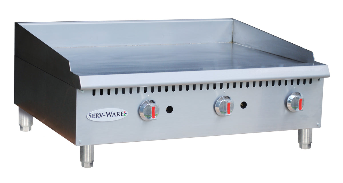 Serv-Ware STGS-36 36 inch thermostatic gas griddle, front angle view