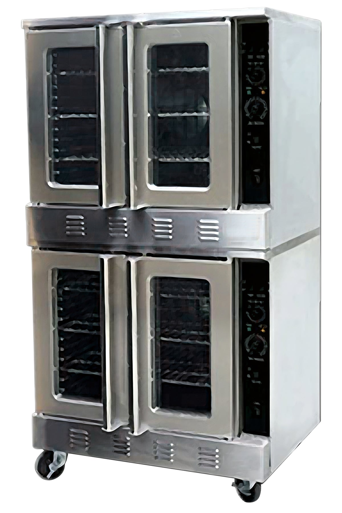 Serv-Ware STK-2-V stacking kit shown with two stacked Serv-Ware convection ovens on casters (ovens not included)