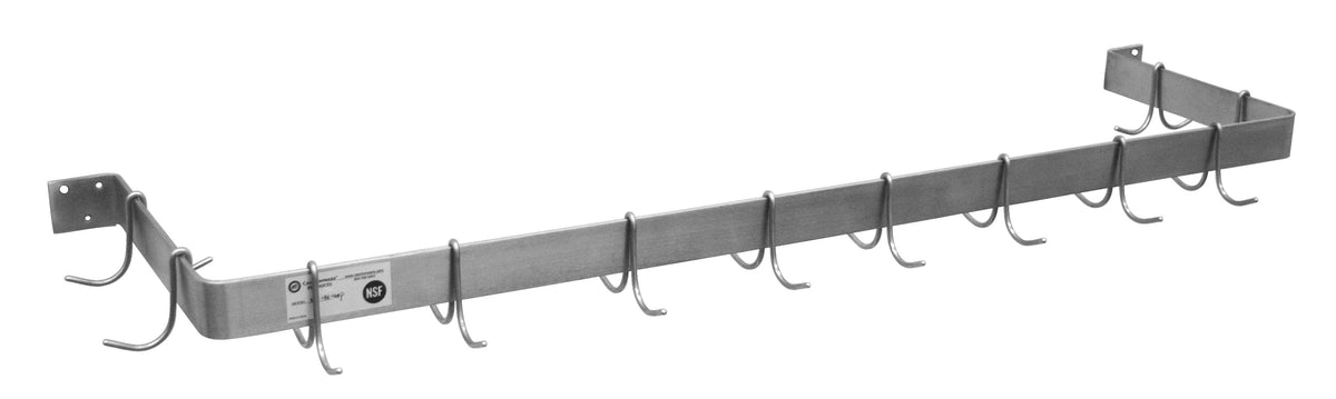 Example of a Serv-Ware single wall mount stainless steel pot rack with hooks (representative photo; SW1-24-CWP-8 is 24 inches with 2 hooks)