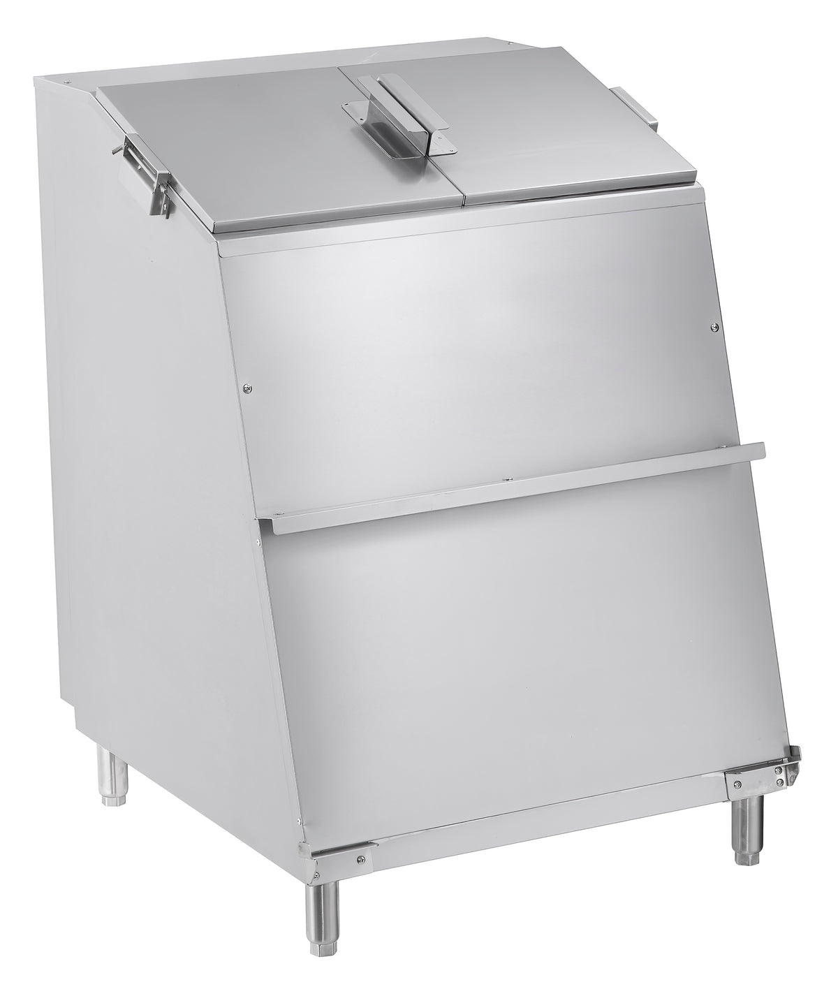 Serv-Ware SWCW-46 46 gallon stainless chip warmer with top doors and sloped front, angle view