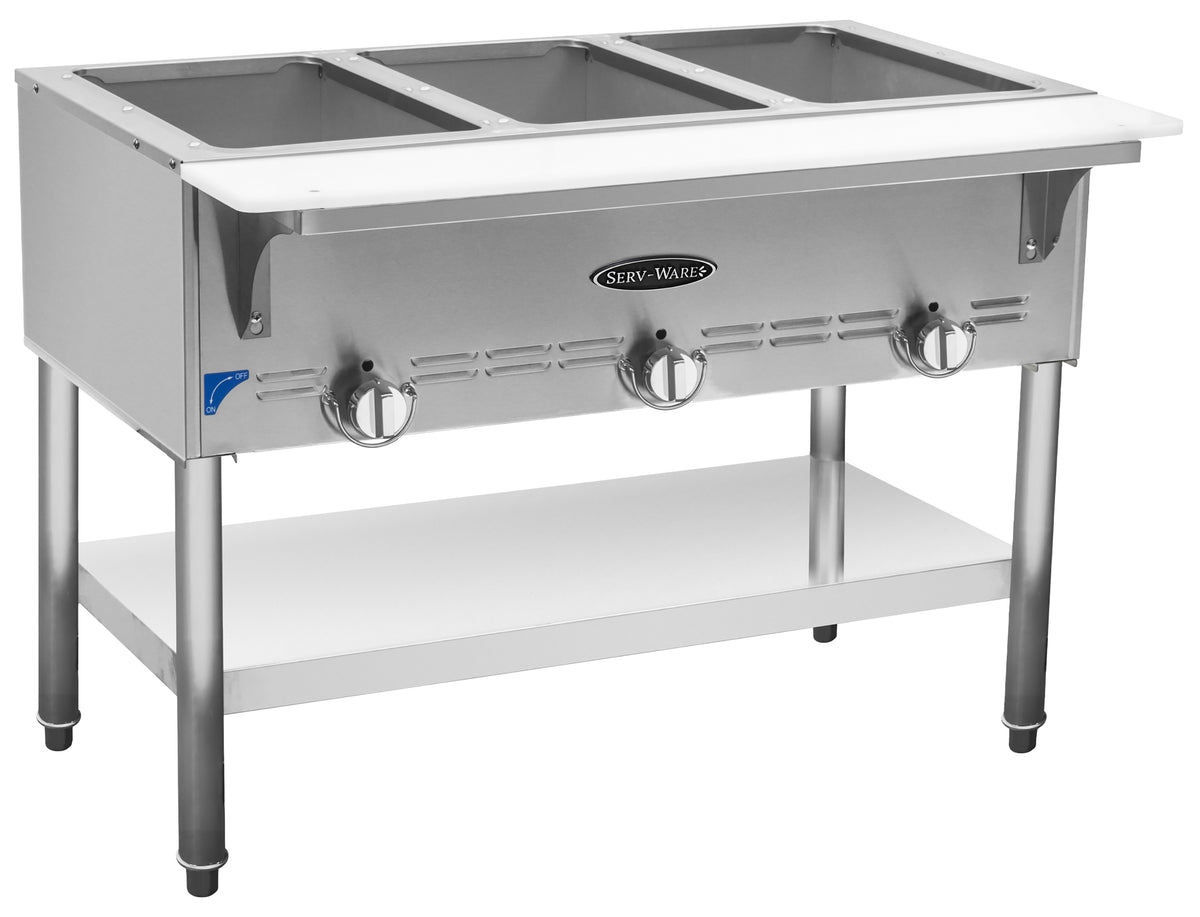 Serv-Ware SWGST-3-LP 3-well gas steam table with cutting board and undershelf, front angle view