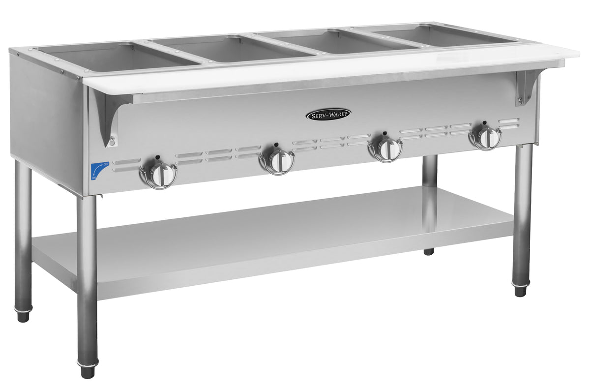 Serv-Ware SWGST-4-LP 4-well gas steam table with cutting board and undershelf, front angle view