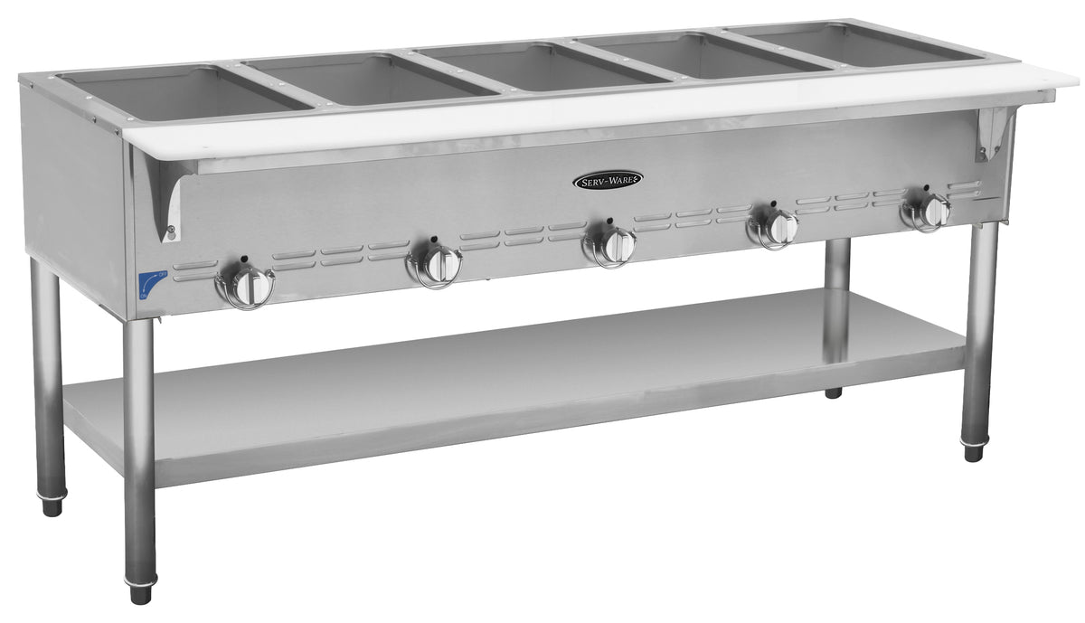 Serv-Ware SWGST-5 5-well gas steam table with cutting board and undershelf, front angle view