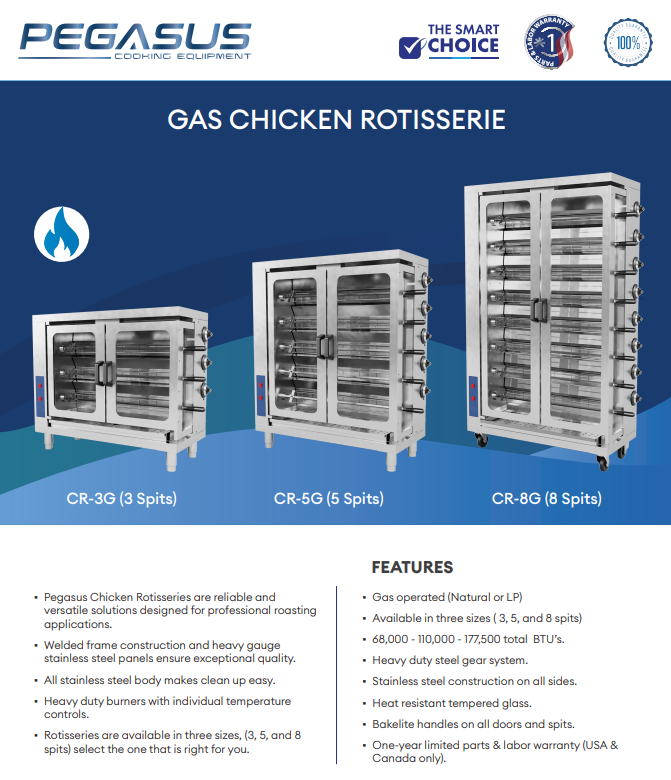 Pegasus CR-3G Gas Chicken Rotisserie, 3 Spits - LP