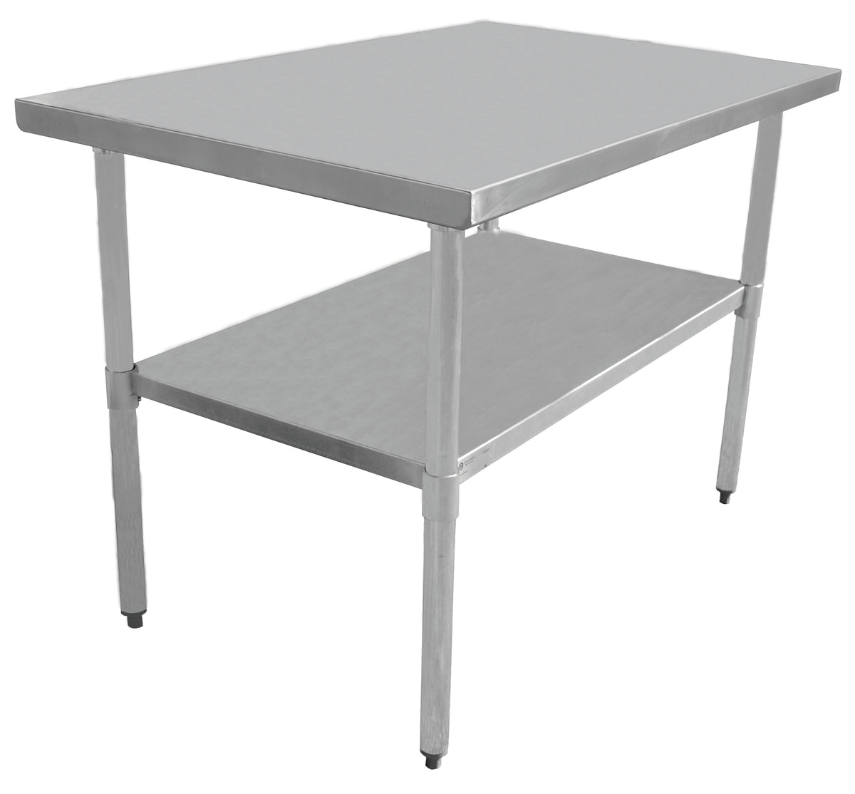 Serv-Ware economy stainless steel work table with galvanized undershelf and legs, angle view (representative photo)