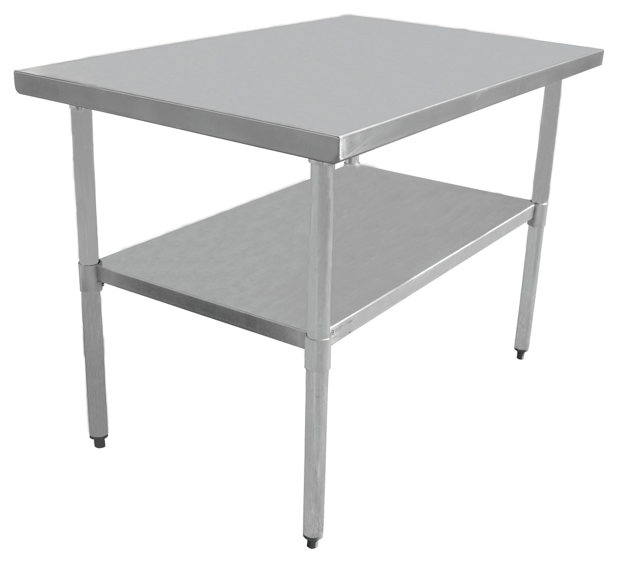Reference photo of a Serv-Ware Deluxe Series stainless steel work table with undershelf, angle view; not this exact model