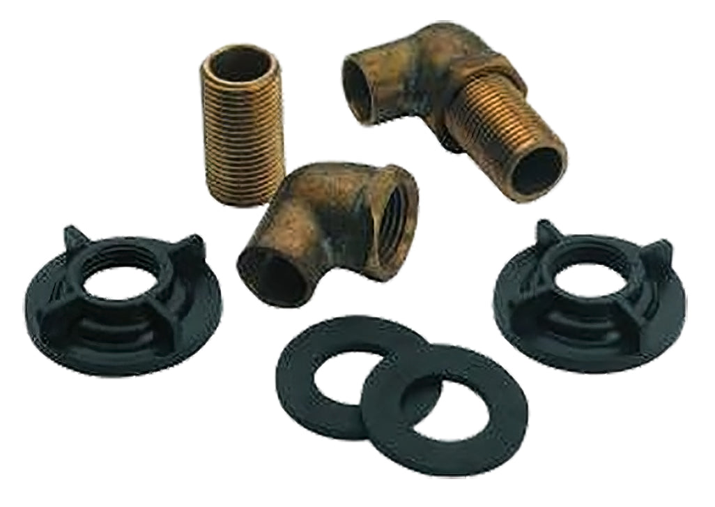 Serv-Ware WFMK-CWP wall faucet mounting kit parts: brass nipples and elbows, two locknuts and two washers
