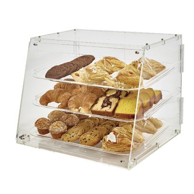Winco ADC-3 Pastry Case 21" x 18" x 16-1/2" Rear Door, Slanted, Acrylic, 3 x 12" x 18" Trays - Set