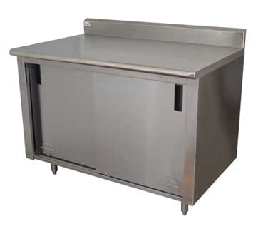 Advance Tabco CK-SS-309 Cabinet Base Sliding Door Work Table with 4 Doors, 108"W X 30"D / Backsplash