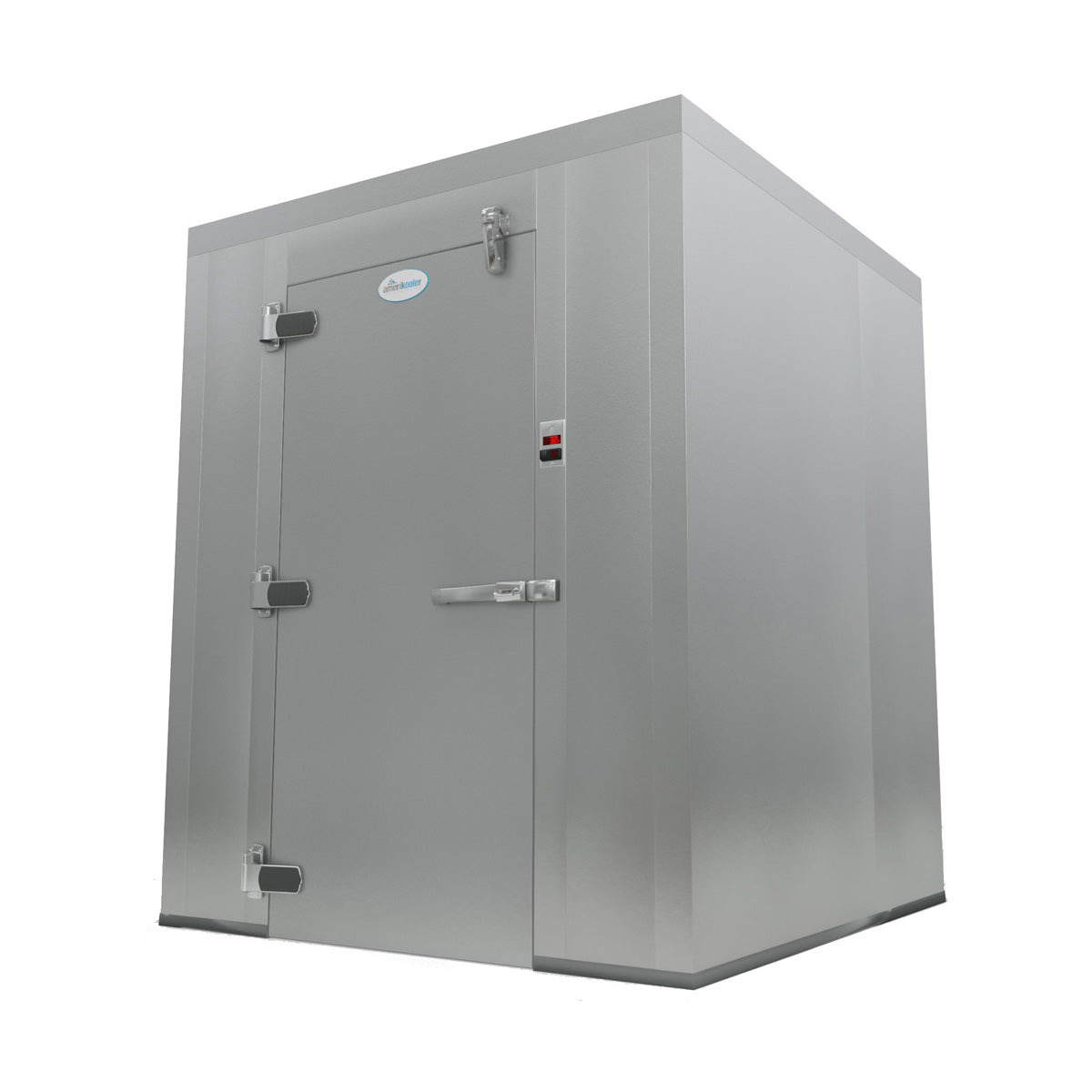 Amerikooler QC080877N 8' x 8' walk-in cooler, front angle view showing the flush door, hinges and pull handle latch