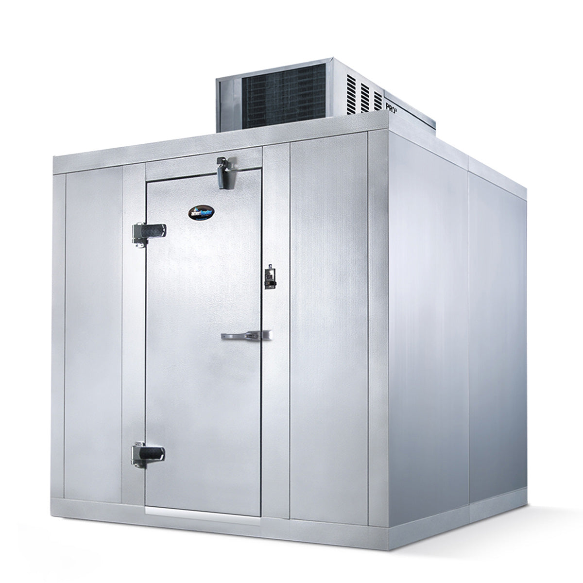 Amerikooler QC081077NBSC 8' x 10' walk-in cooler with top mounted self-contained refrigeration unit on the roof