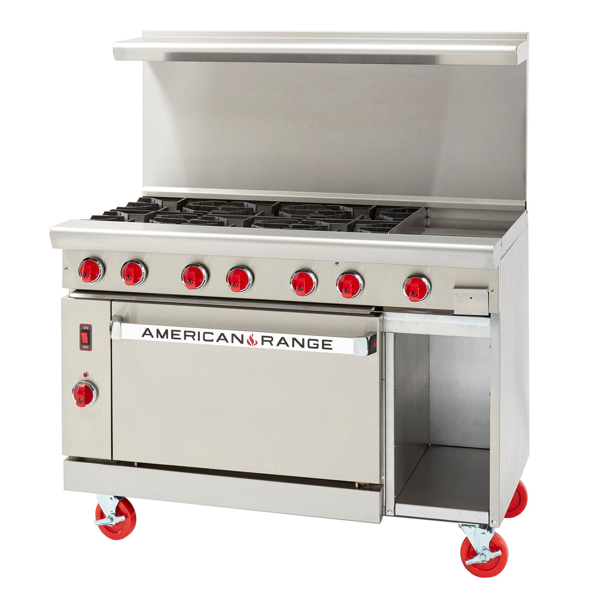 American Range ARGF-36G-2B-CL-SBR 48" Gas Restaurant Range w/ (1) 36" Griddle, (2) Open Burners, (1) Convection Oven, (1) Cabinet Base, 150.000 BTU