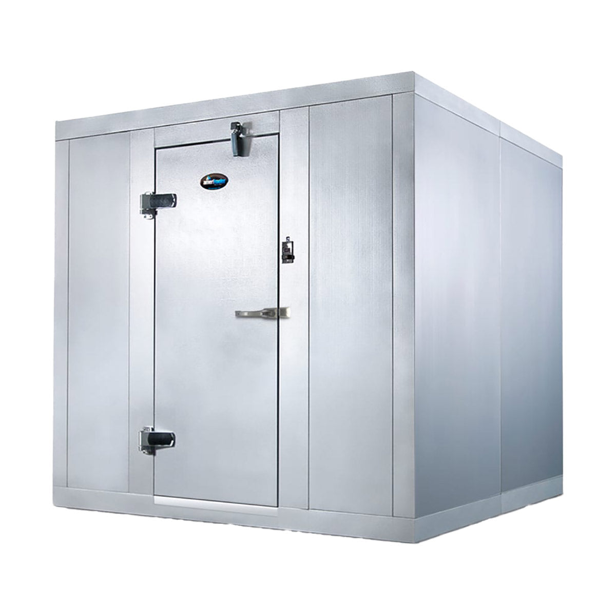 Amerikooler QC101082N 10' x 10' walk-in cooler, front view of the panel box with flush door and chrome hardware