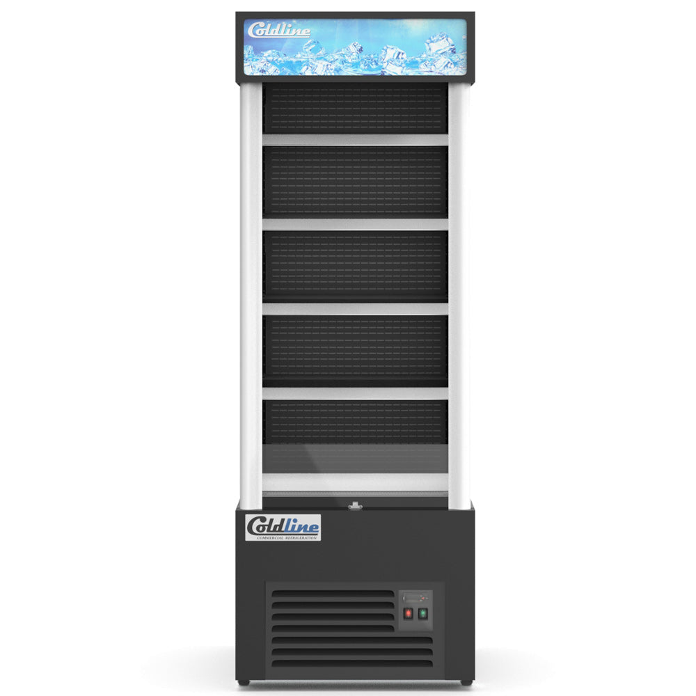 Coldline AOC-28-B black open air merchandiser, front view, empty