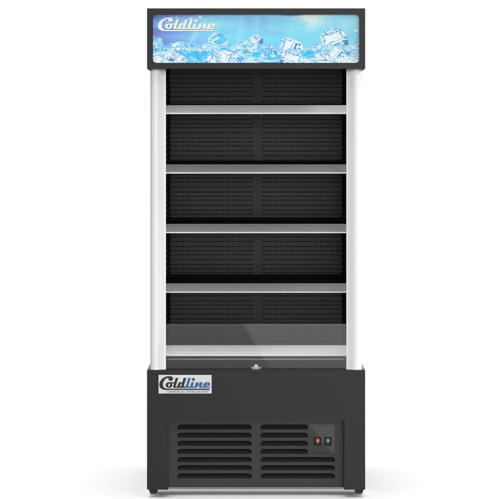 Coldline AOC-36-B black open air merchandiser, front view, empty