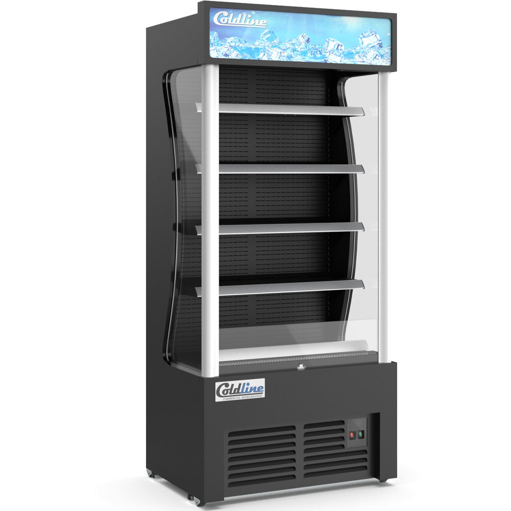 Coldline AOC-36-B black open air merchandiser, angled front view, empty, showing 4 shelves