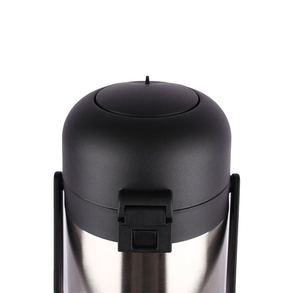 Prepline AP-S22G 2.3 liter stainless steel airpot, lid and lever close-up