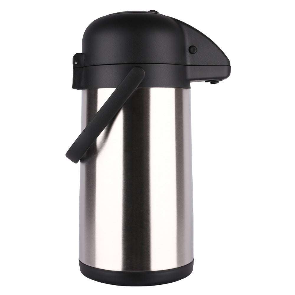 Prepline AP-S22G 2.3 liter stainless steel airpot, front angle view with lever and carry handle