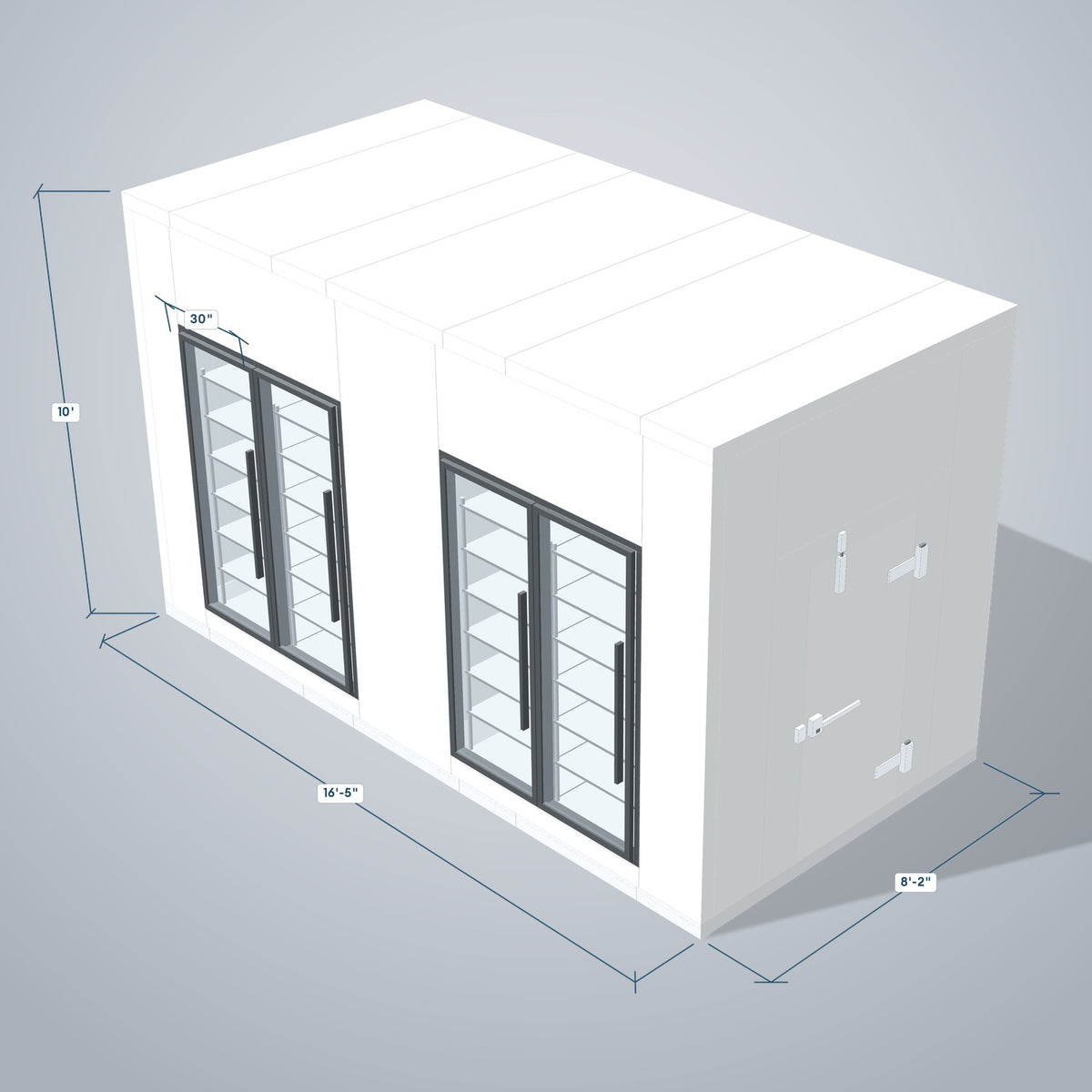 Astra HCMB8X17-8F9C-S30C2F2-RM 8' x 17' Walk-In Freezer/Cooler Combo with Floor, 2 Freezer + 2 Cooler Glass Doors, 3D view with outside dimensions
