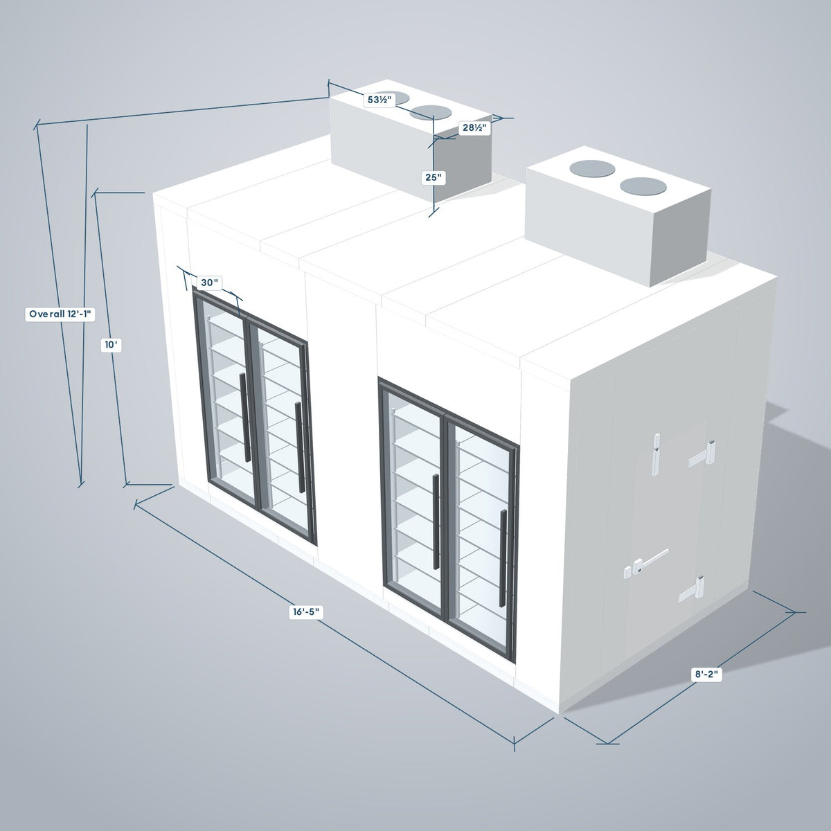Astra HCMB8X17-8F9C-S30C2F2-TM 8' x 17' Walk-In Freezer/Cooler Combo with Floor, 2 Freezer + 2 Cooler Glass Doors, 3D view with outside dimensions