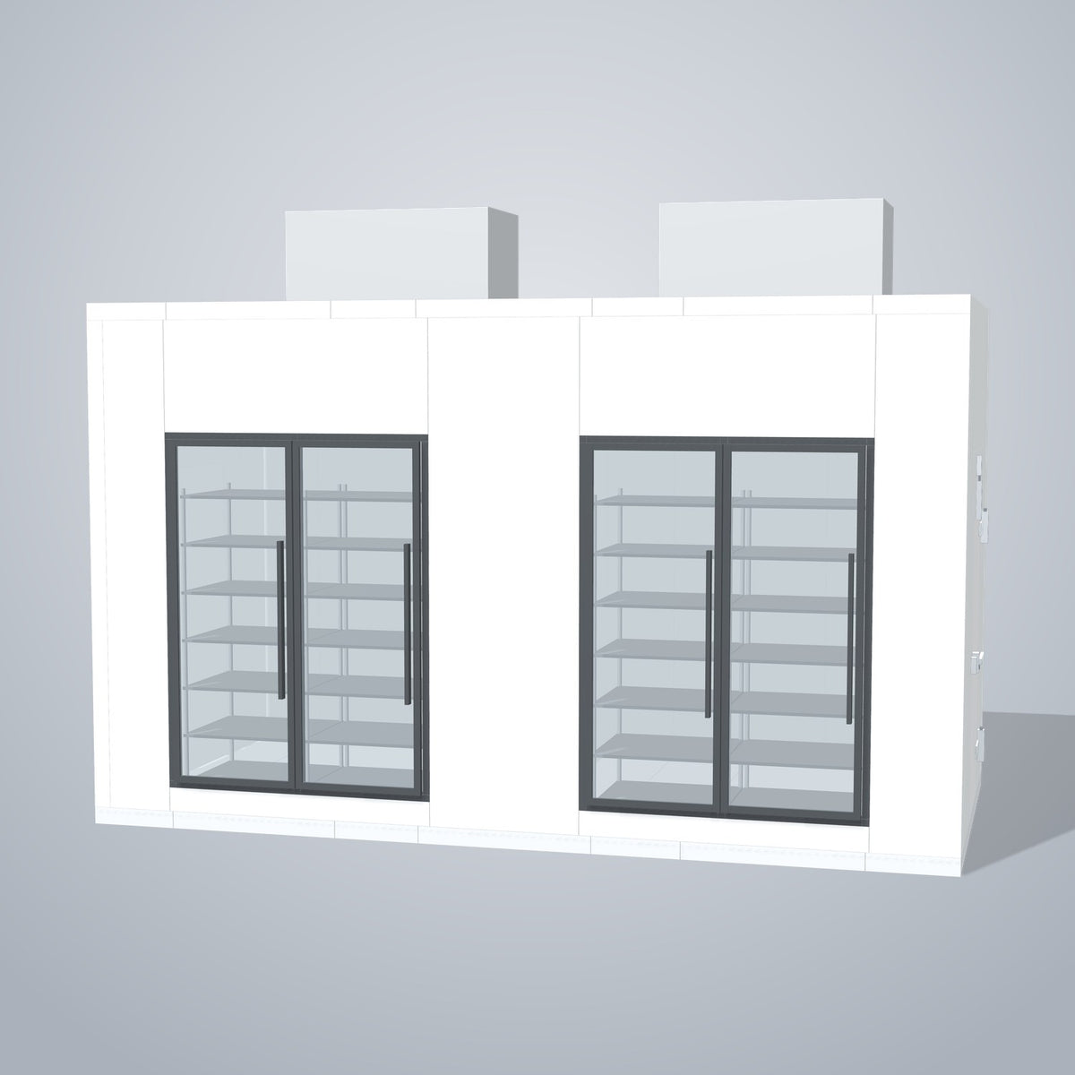 Astra HCMB8X17-8F9C-S30C2F2-TM 8' x 17' Walk-In Freezer/Cooler Combo with Floor, 2 Freezer + 2 Cooler Glass Doors, front 3D view of the glass door wall