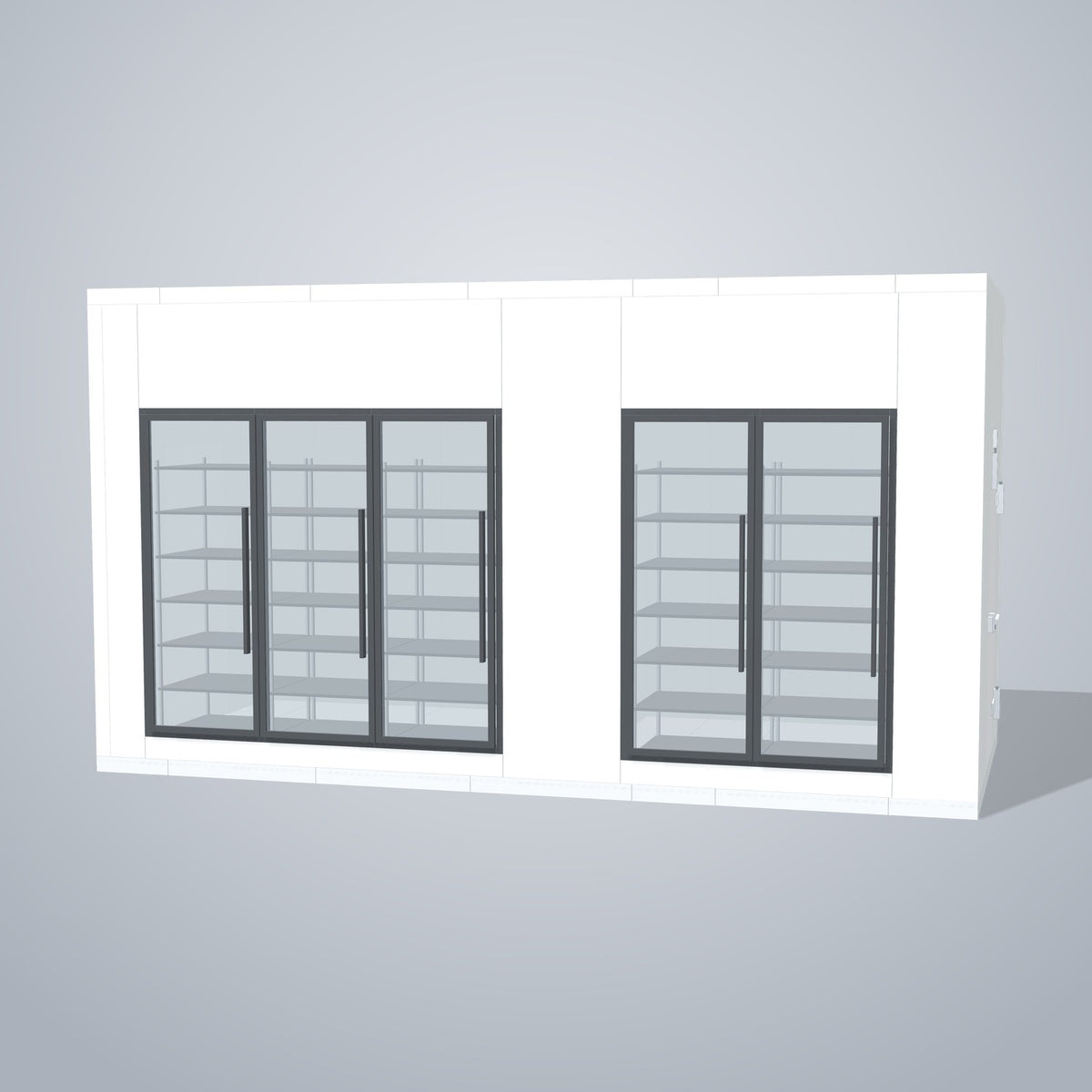 Astra HCMB8X18-10F8C-S30C2F3 8' x 18' Walk-In Freezer/Cooler Combo with Floor, 3 Freezer + 2 Cooler Glass Doors, front 3D view of the glass door wall