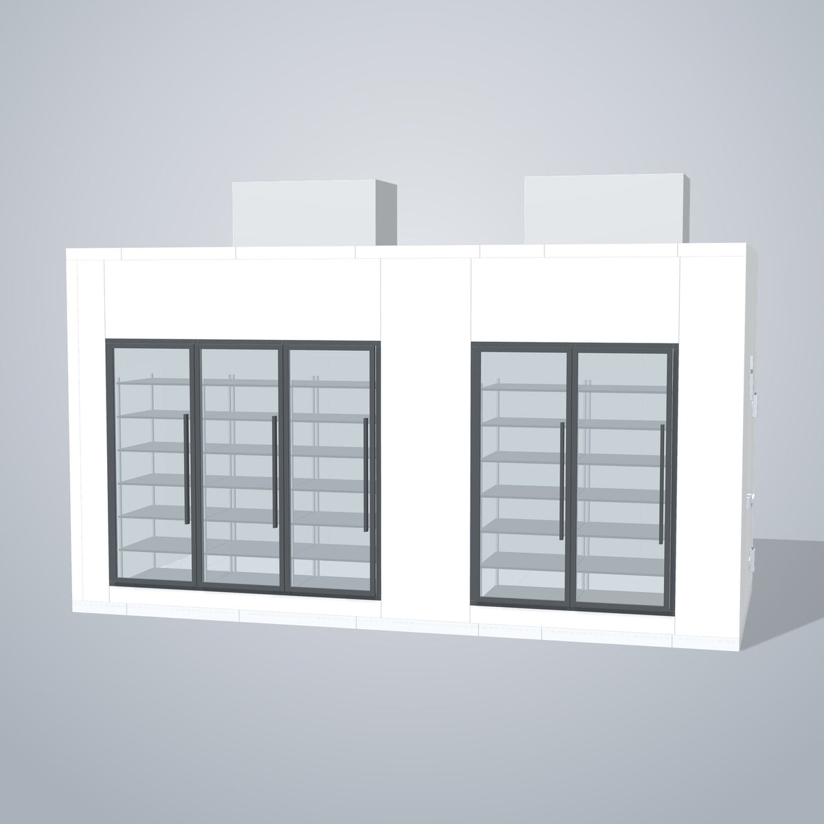 Astra HCMB8X18-10F8C-S30C2F3-TM 8' x 18' Walk-In Freezer/Cooler Combo with Floor, 3 Freezer + 2 Cooler Glass Doors, front 3D view of the glass door wall