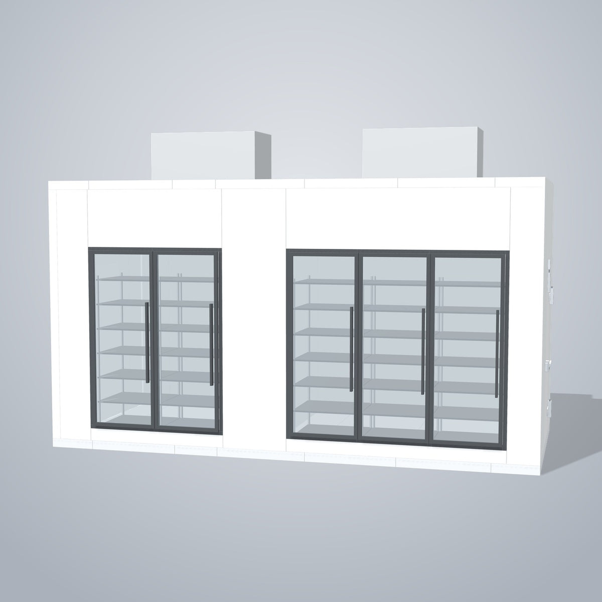 Astra HCMB8X18-8F10C-S30C3F2-TM 8' x 18' Walk-In Freezer/Cooler Combo with Floor, 2 Freezer + 3 Cooler Glass Doors, front 3D view of the glass door wall